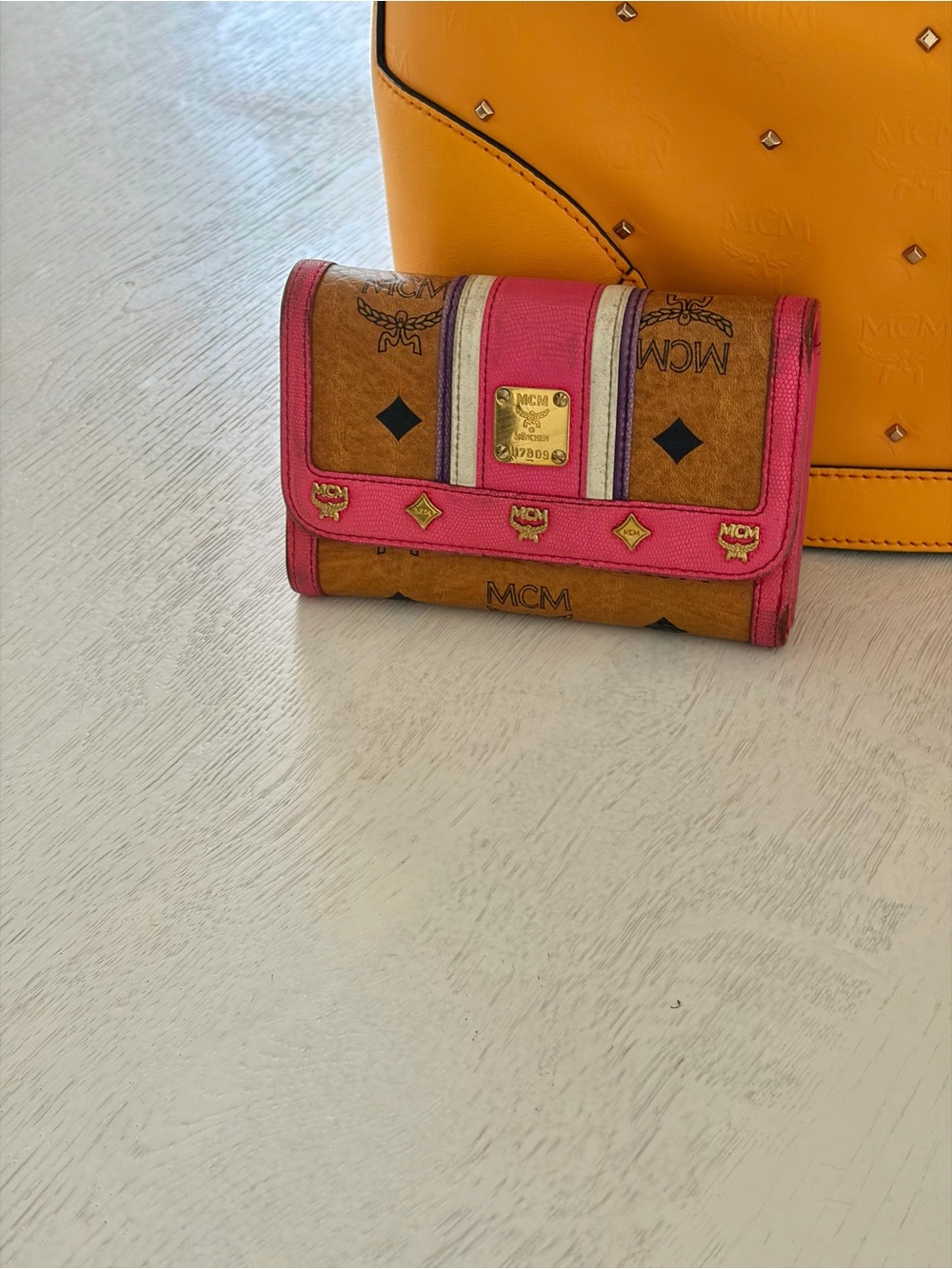 MCM Yellow Studded Leather Shoulder Bag with Pink MCM Wallet - Picture 2 of 16